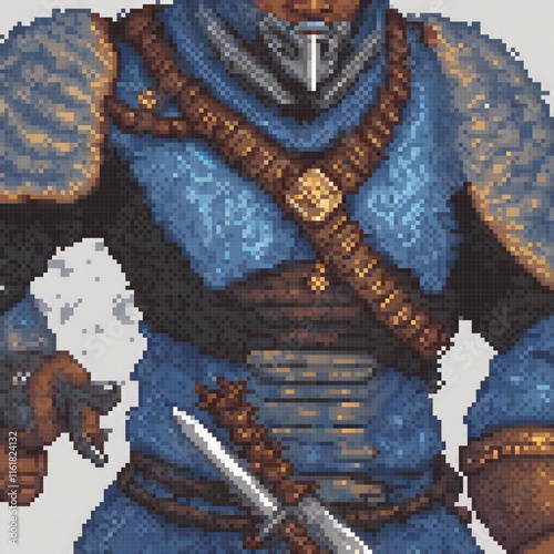 Medieval knight in pixel art, wielding a sword with valor and honor.