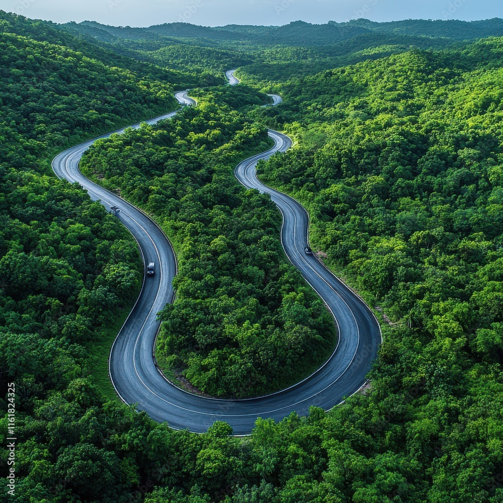 Fototapeta premium [Aerial views of winding roads.] Serene Winding Road Through Lush Forest Landscape With Clear Sky