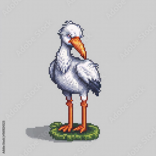 White pelican perched on verdant field, pixel art style.