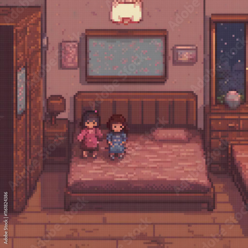 Pixel art bedroom with cozy bed and playful kids