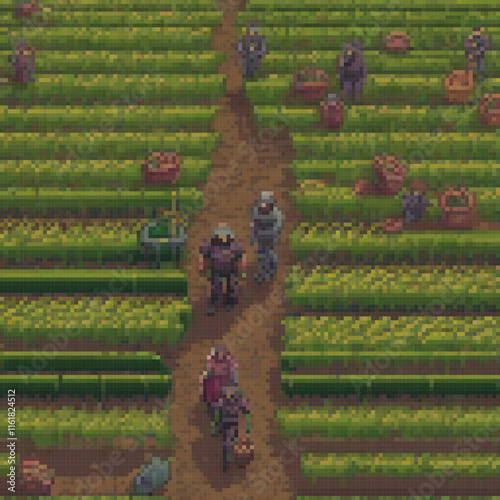 Pixel art depicting a bustling farm scene with people strolling through.