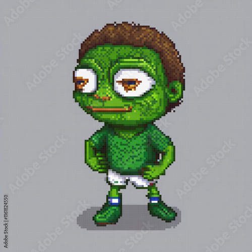 Cute pixel art of a green monster with brown hair, perfect for retro-themed collections.