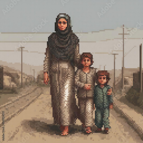 Pixel art depicting a woman and her kids on a train track, capturing a nostalgic moment.