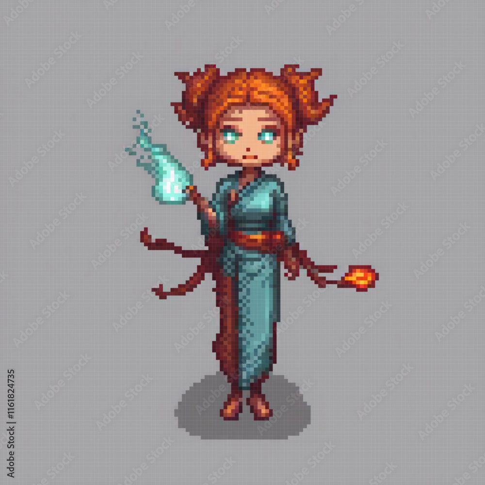 Fototapeta premium Cute pixel art of a woman in a blue dress holding a torch, perfect for retro-themed decorations.