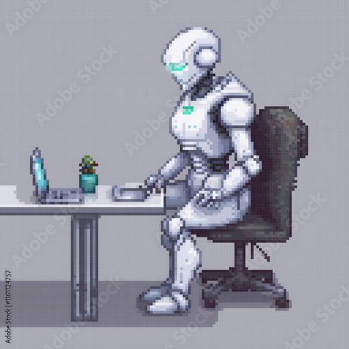 Pixel art of a robot at a desk with a laptop