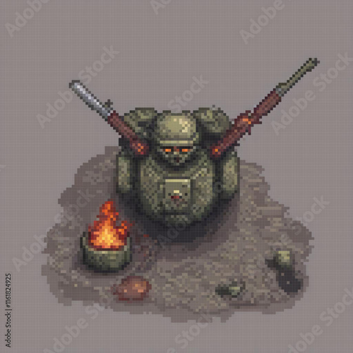 Pixel art tank with dual guns, fiery battle scene