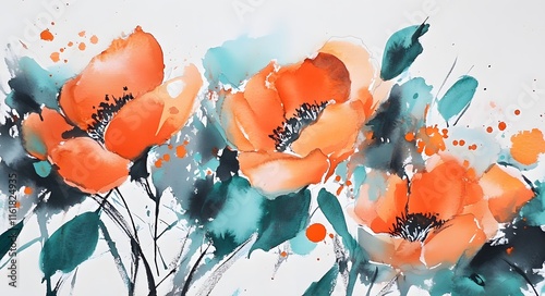 Abstract Watercolor Painting of Orange Poppies photo