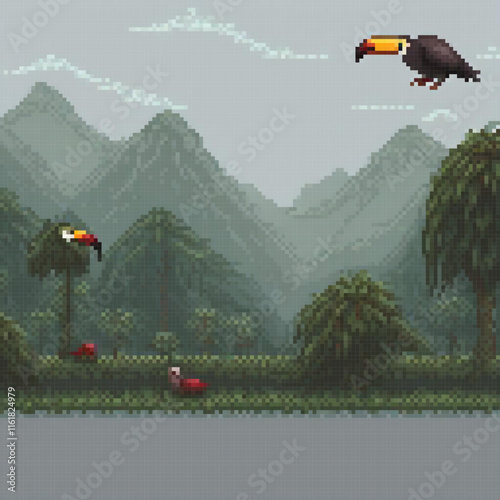 Pixel art of a bird soaring above a vibrant green field with majestic mountains in the backdrop.