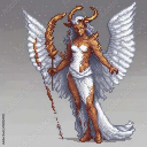 Angelic cross stitch design featuring a celestial being with a staff.