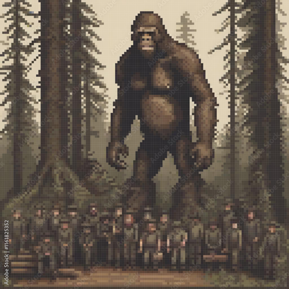 Pixel art depicting a mysterious Bigfoot encounter with a group of onlookers. Pixel art depicting a mysterious Bigfoot encounter with a group of onlookers.