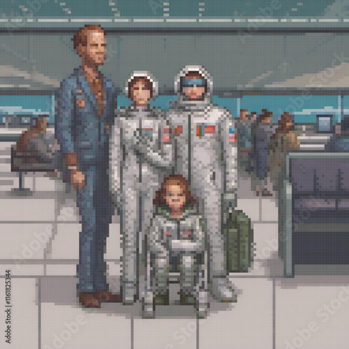 Pixel art depicting a group of friends at an airport, sharing travel moments.
