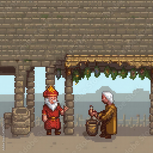 Pixel art of a couple in front of a building