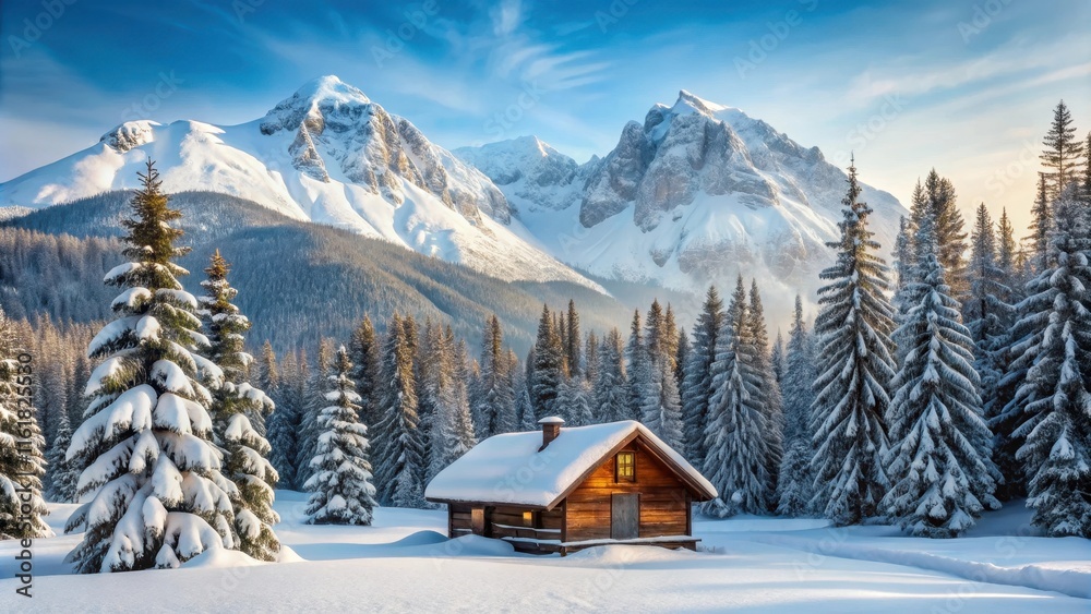 Winter scene with snow-covered mountains, pine trees, and a cozy cabin , winter, beautiful,snow, mountains, pine trees, cabin Winter scene with snow-covered mountains, pine trees, and a cozy cabin , winter, beautiful,snow, mountains, pine trees, cabin