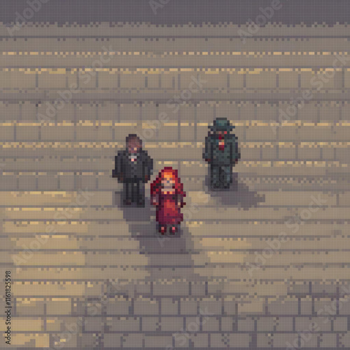Pixel art street scene with walking group