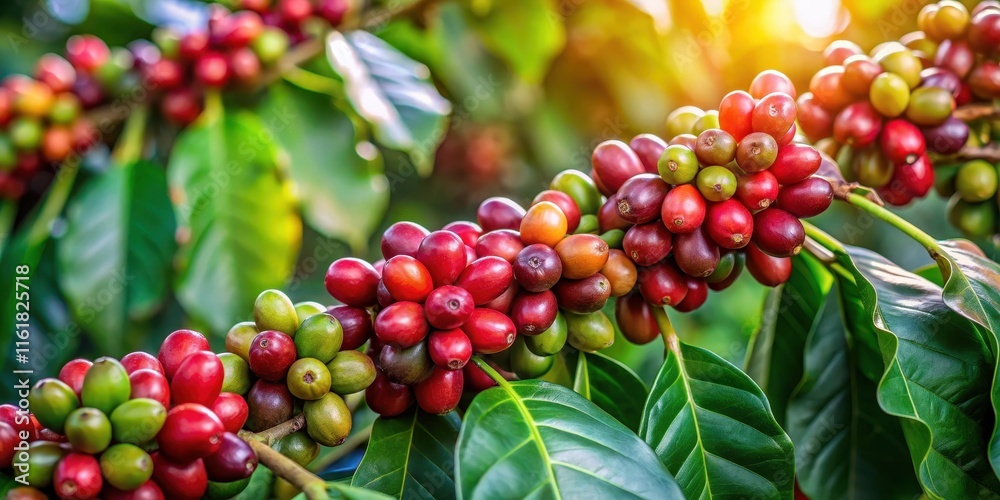 Fototapeta premium Coffee beans ripening on a tree, coffee, beans, ripening, tree, agriculture, plantation, farm, organic, growth, maturing, harvest