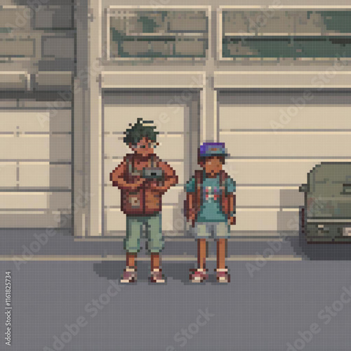 Pixel art depicting a couple standing by a building