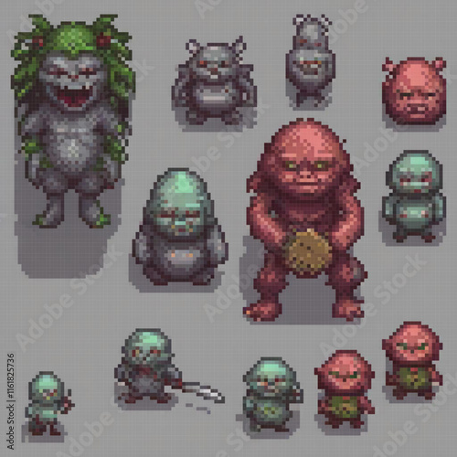 Pixel art monsters in a vibrant, retro style.