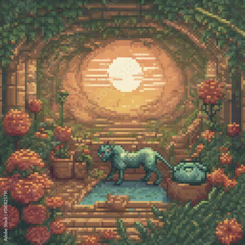 Pixel art cat in a lush garden setting