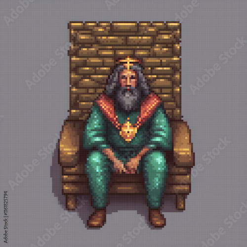 Pixel art depicting a regal man seated on a throne, adorned with a crown.