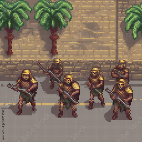 Pixel art soldiers marching in a tropical street setting