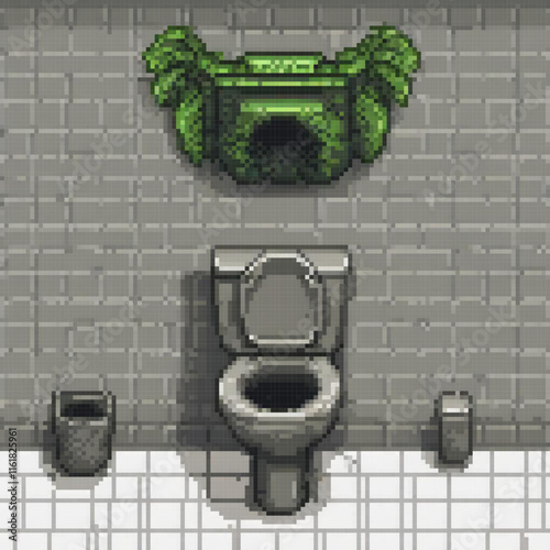 Pixel art of a quaint bathroom featuring a classic toilet and a stylish trash can.