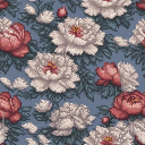 Handcrafted pixel art cross stitch pattern featuring white and red flowers against a serene blue backdrop.