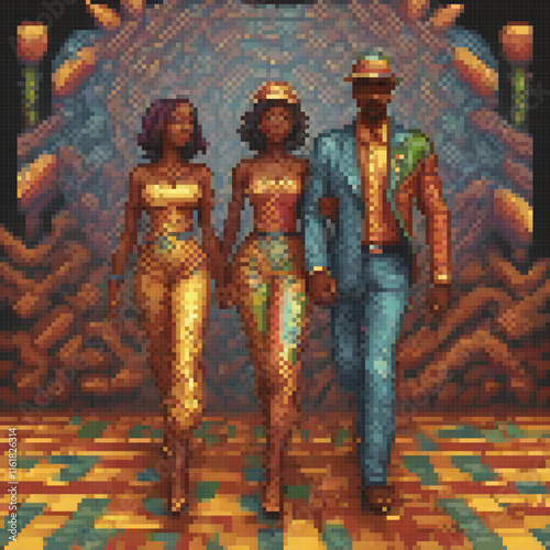 Pixel art depicting a heartwarming scene of friends walking hand-in-hand down a vibrant street.