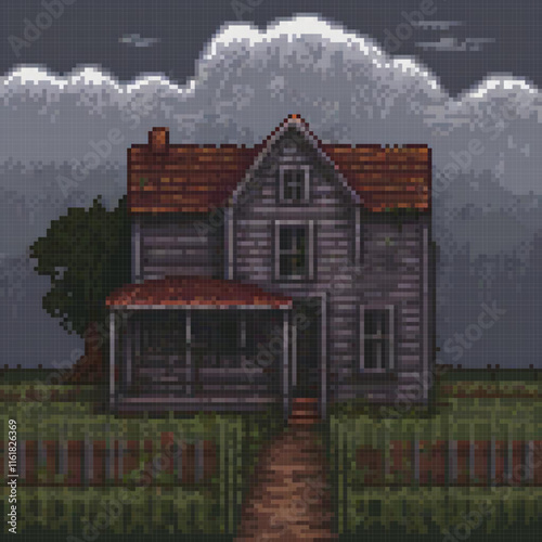 Pixel art depicting a quaint, vintage house amidst a serene field under the starlit sky.