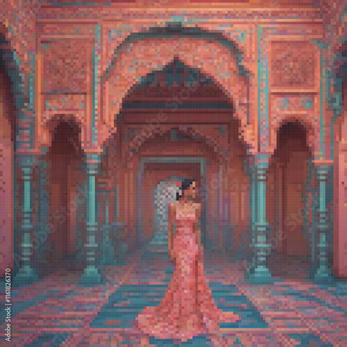 Pixel art of a woman in a pink dress at an archway