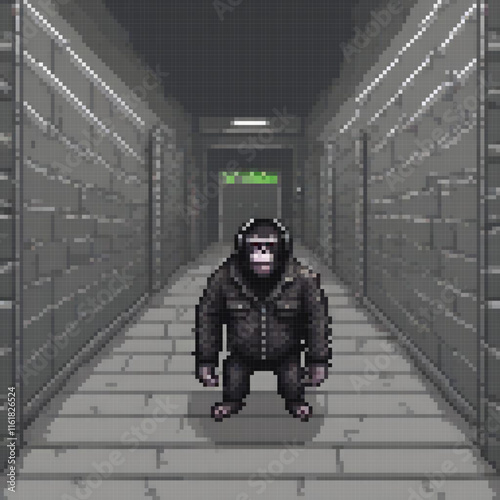 Astro-gorilla in space suit explores hallway in pixel art style.