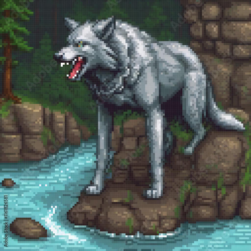 Pixel art wolf on rock, river scene