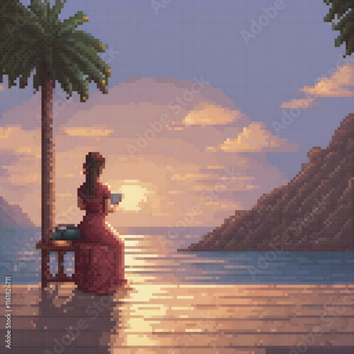 A serene woman enjoys a moment of relaxation on a bench by a palm tree, captured in vibrant pixel art.