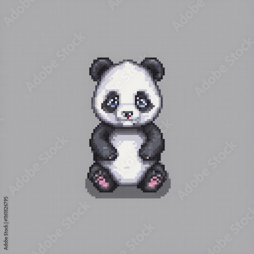 Pixel art of a cuddly panda bear perched on a gray backdrop.