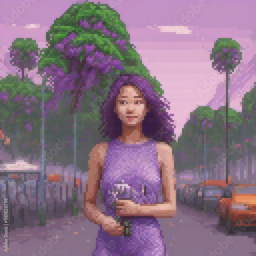 Vintage pixel art of a woman in a vibrant purple dress, standing confidently on a bustling street.