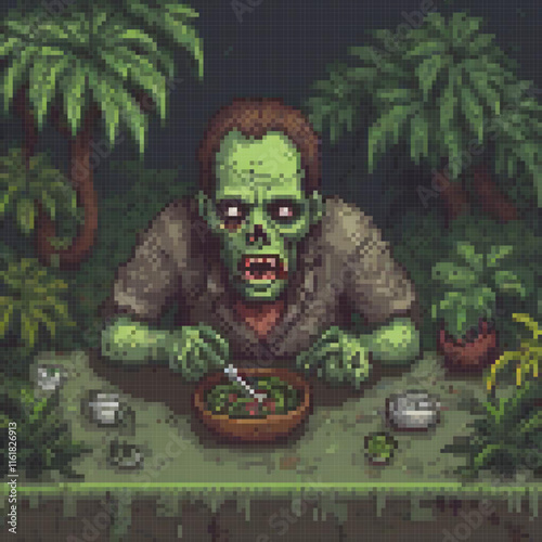 Pixel art zombie devouring a meal