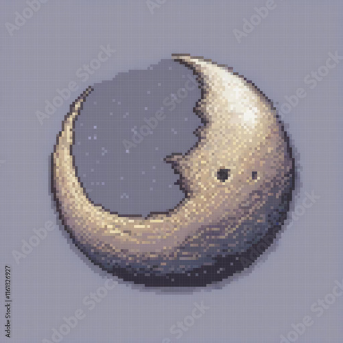 Pixel art cross stitch pattern featuring a crescent moon with twinkling stars.