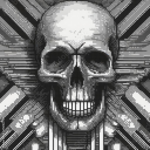 Pixel art skull with cross - Classic black and white design