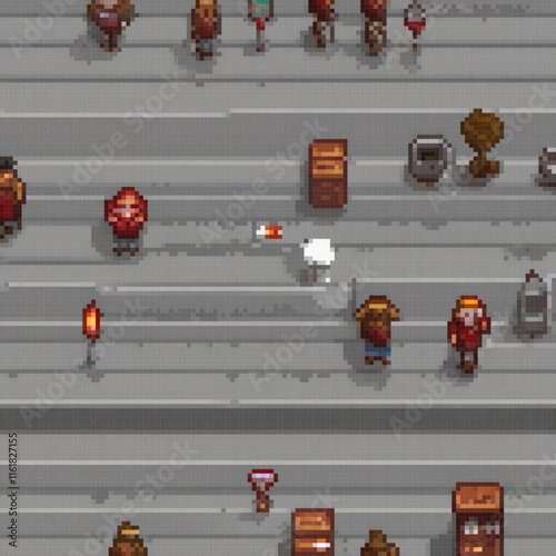 Pixel art street scene with bustling pedestrians