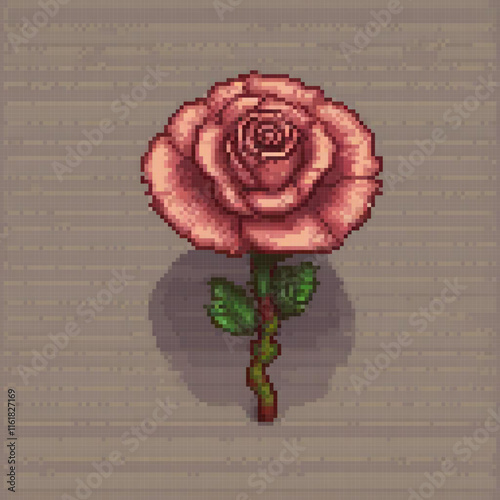 Vintage pink rose pixel art on a classic gray backdrop.