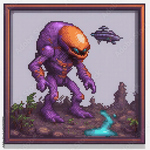 Vintage purple alien spaceship pixel art