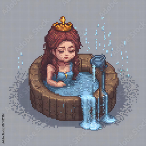 Cute pixel art of a girl crowned in a bathtub, perfect for bath time royalty.