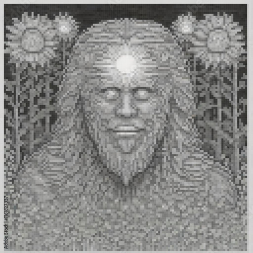Pixel art of a bearded man in monochrome