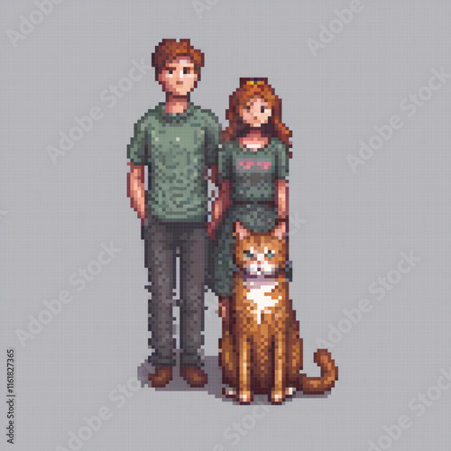 Pixel art depicting a couple with a cat