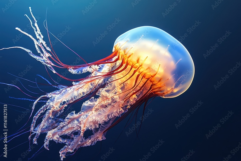 Fototapeta premium A stunning jellyfish moves fluidly through deep ocean waters, its bell glowing with vibrant colors while long tentacles trail elegantly behind, creating a captivating underwater spectacle.