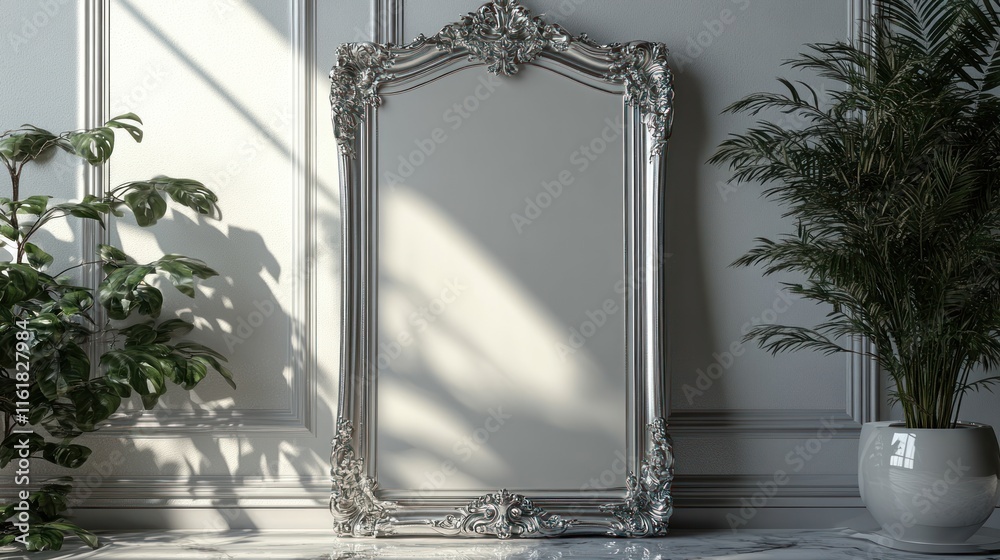 Obraz premium A decorative mirror in an elegant room with natural light and potted plants.