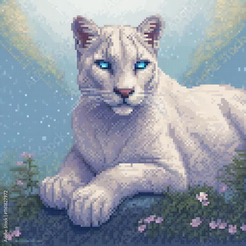 Cute white cat with striking blue eyes resting peacefully in lush green grass.