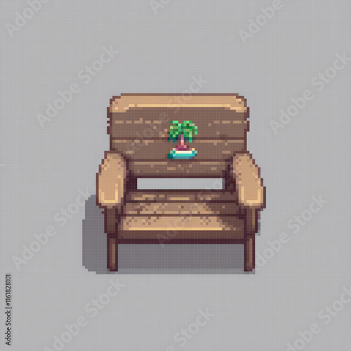 Vintage pixel art of a cozy wooden chair with a lush green plant.