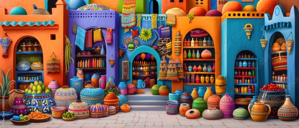 Fototapeta premium Colorful Arabian Market Scene with Storefronts and Goods