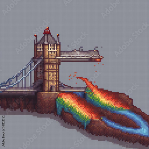 Pixel art depicting a charming bridge spanning a serene river.