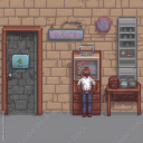 Pixel art of a man vending machine encounter
